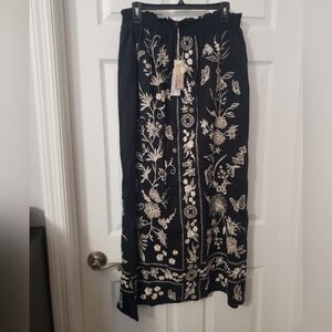 Johnny Was Black and Cream Embellished Maxi Skirt, Linen. XL